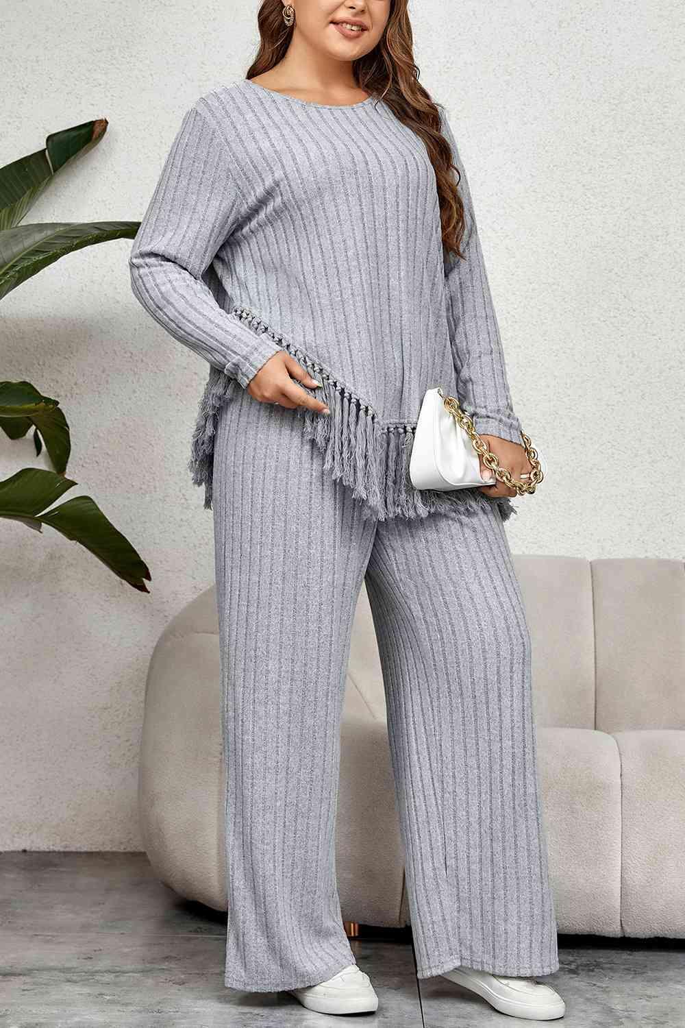 Honey Plus Size Tassel Hem Top and Pants Set - Clothes For Her Online Store