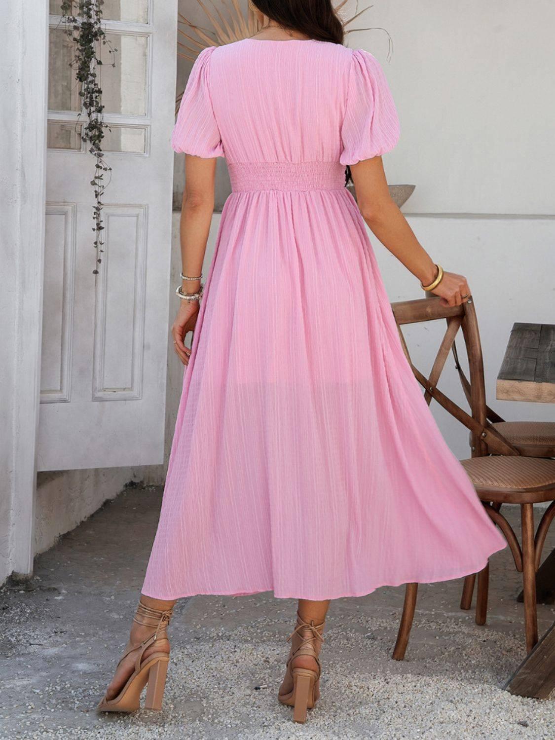 Devine V-Neck Puff Short Sleeve Midi Dress