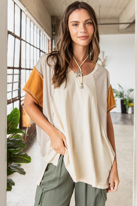 Mittoshop Color Block V-Neck Short Sleeve T-Shirt - Clothes For Her Online Store