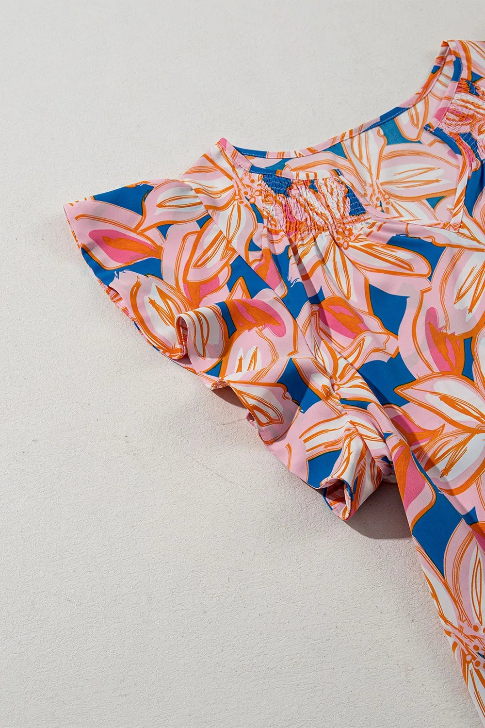 Flower Print Notched Neck Ruffle Sleeve Blouse
