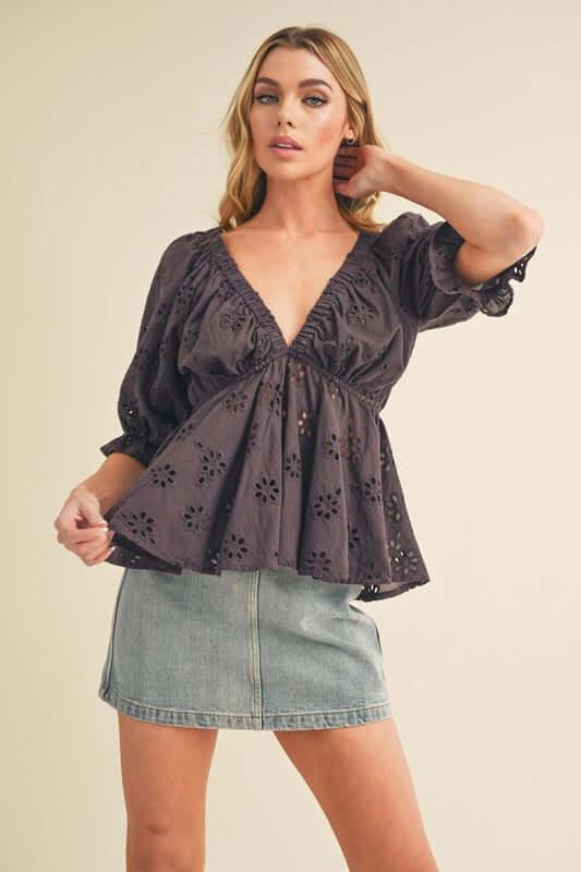 Aemi + Co Eyelet Embroidered V-Neck Half Sleeve Peplum Blouse