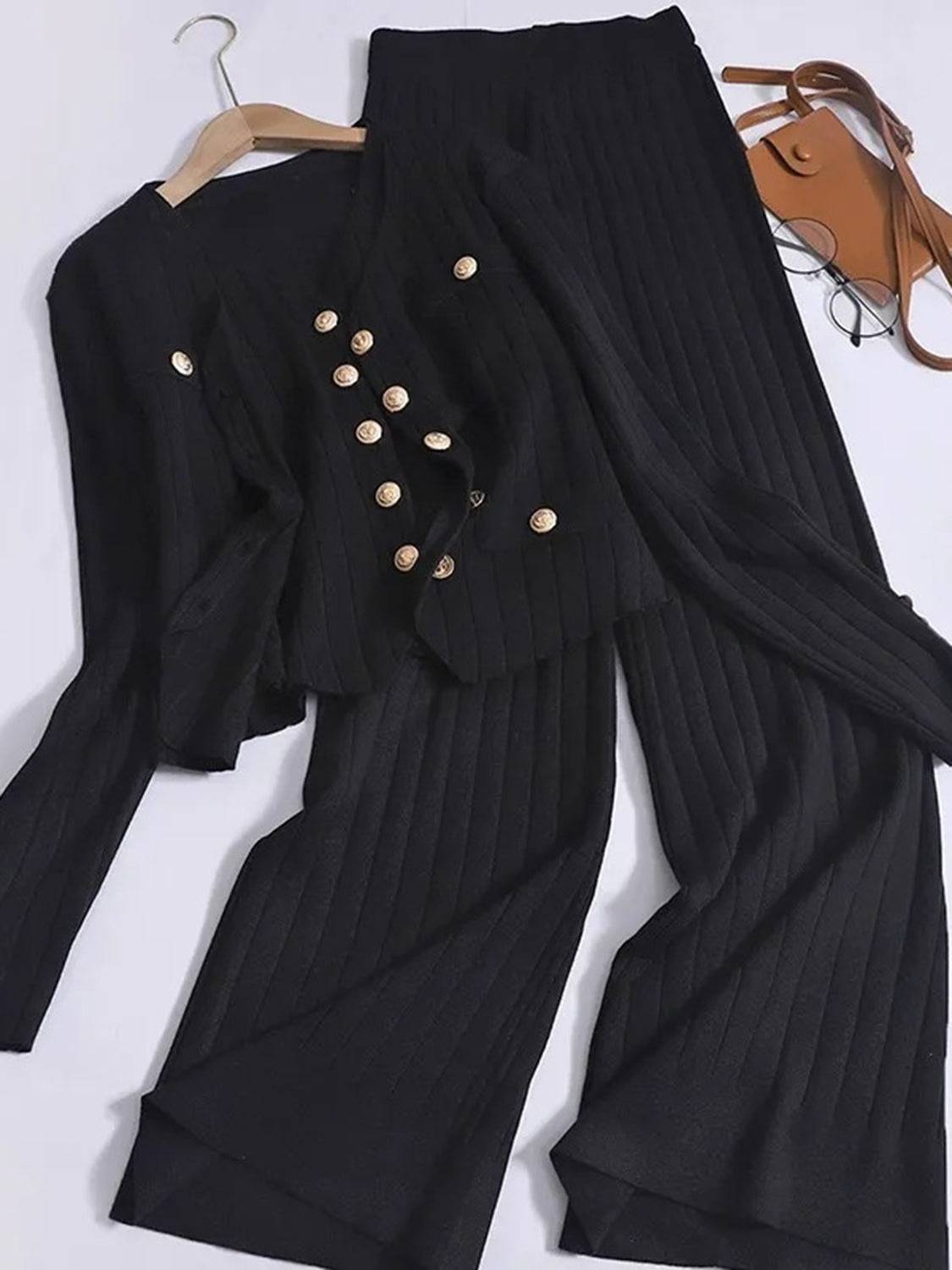 V-Neck Tank, Cardigan and Pants Three-Piece Sweater Set - Clothes For Her Online Store