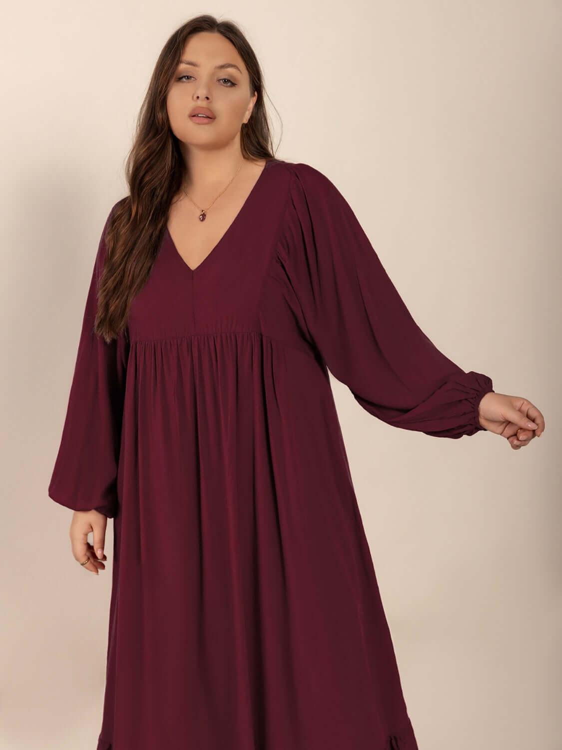 Plus Size Ruffled Hem V-Neck Balloon Sleeve Dress - Clothes For Her Online Store