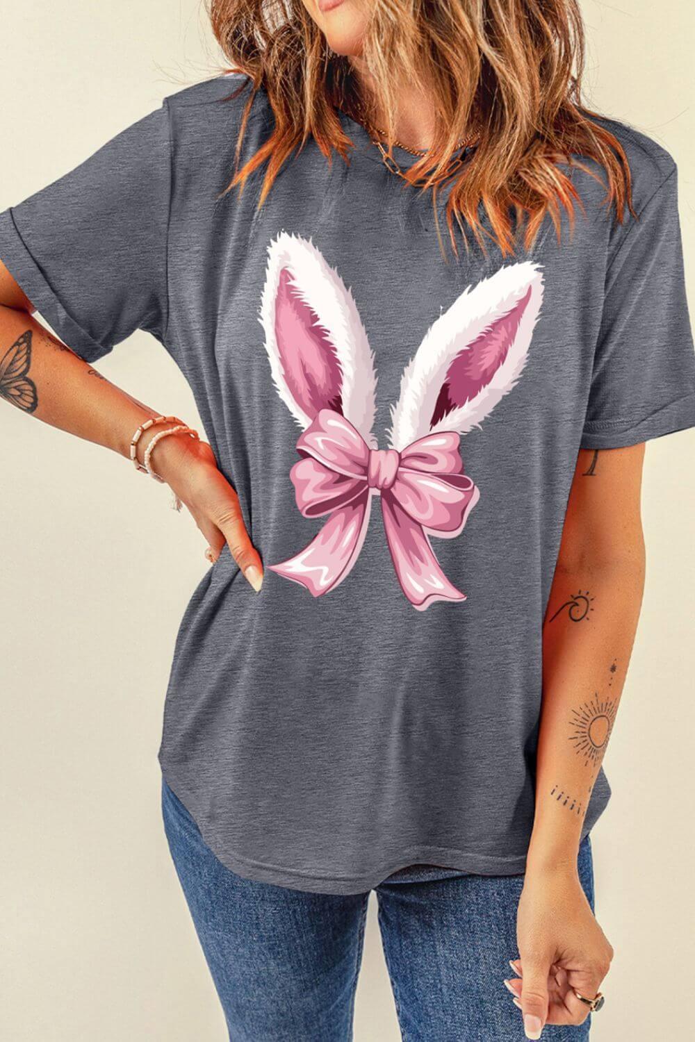 Bunny Ear Bow Graphic Short Sleeve T-Shirt