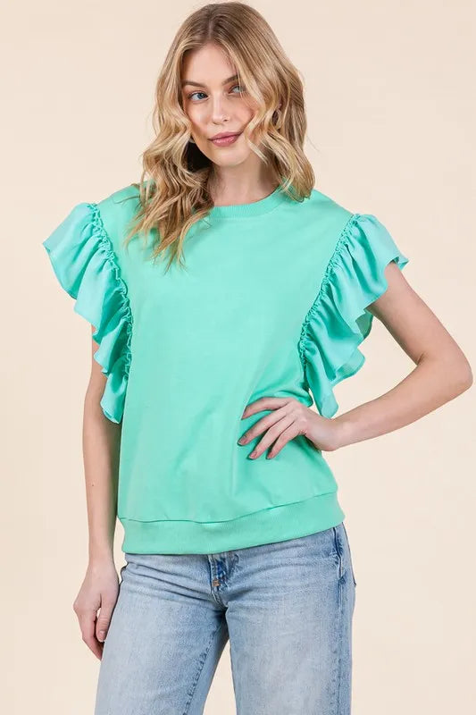 Lime 'N' Chili Solid Shoulder Ruffle Detail Round Neck Top