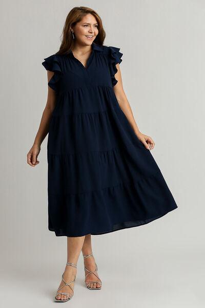 Umgee Full Size Johnny Collar Ruffle Cap Sleeve Tiered Dress Plus Size