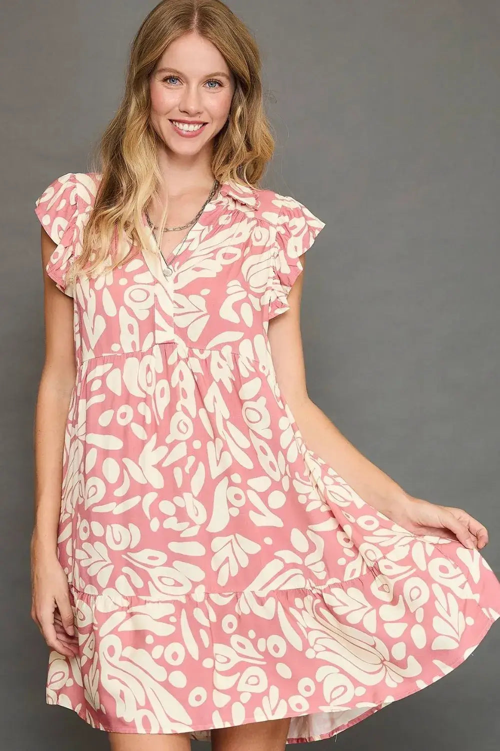 Umgee Full Size Two Tone Printed Ruffled Cap Sleeve Mini Dress Plus Size