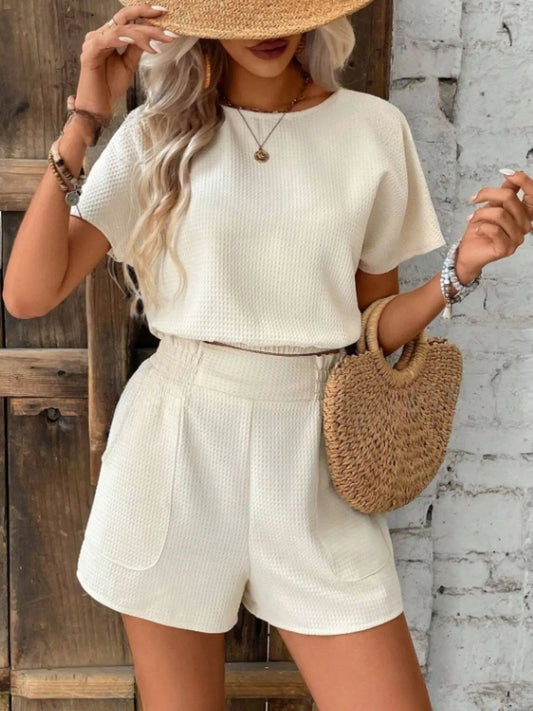 Round Neck Short Sleeve Top and Shorts Set - Clothes For Her Online Store