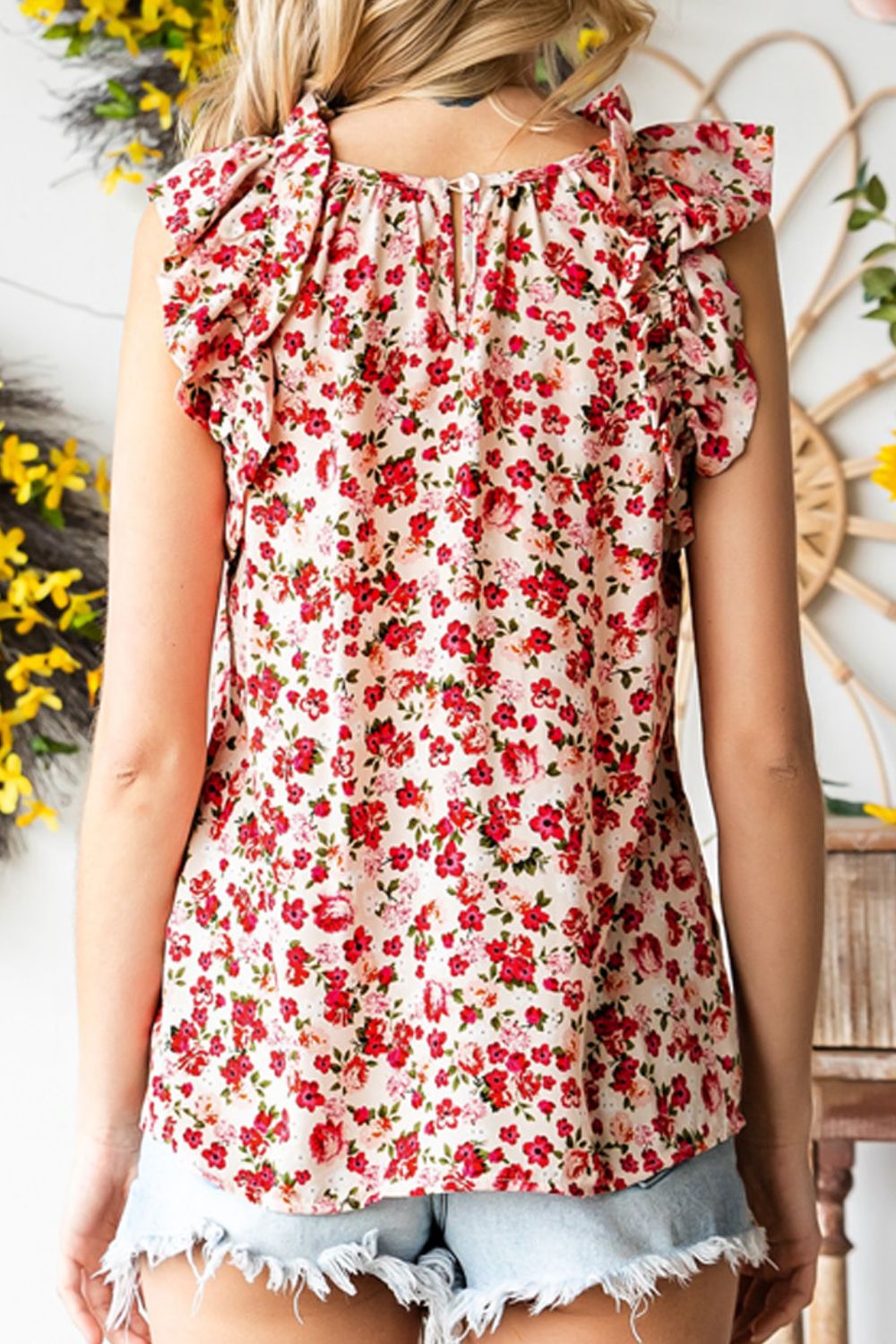 Ruffled Floral Round Neck Cap Sleeve Blouse