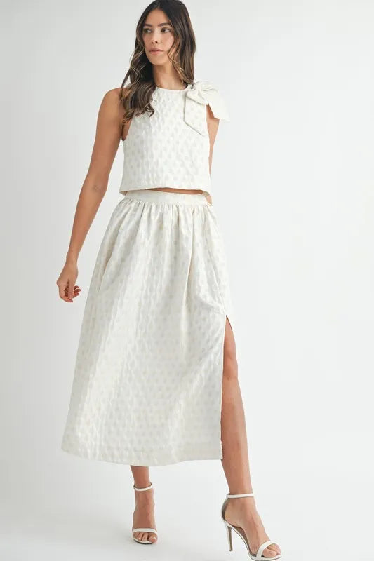 MABLE Taffeta Polka Dot Shoulder Ribbon Top and Skirt Set - Clothes For Her Online Store
