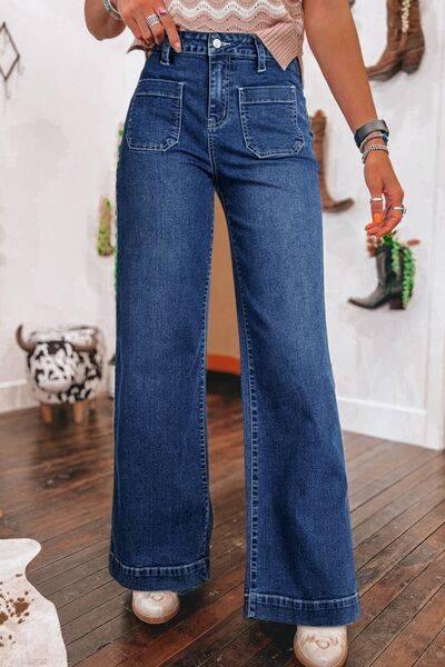 Front Pocket Patch High Waisted Wide Leg Jeans