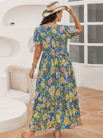 Plus Size Printed V-Neck Short Sleeve Maxi Dress