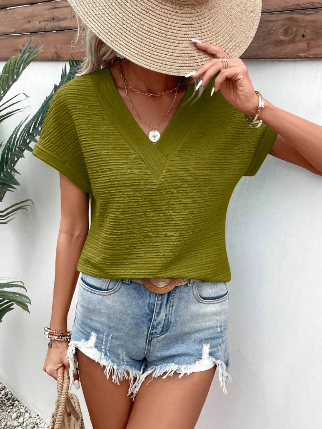 Textured Solid Color Short Sleeve Top