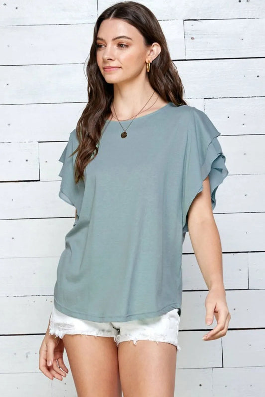 Lime 'N' Chili Round Neck Double Ruffle Cap Sleeve Top