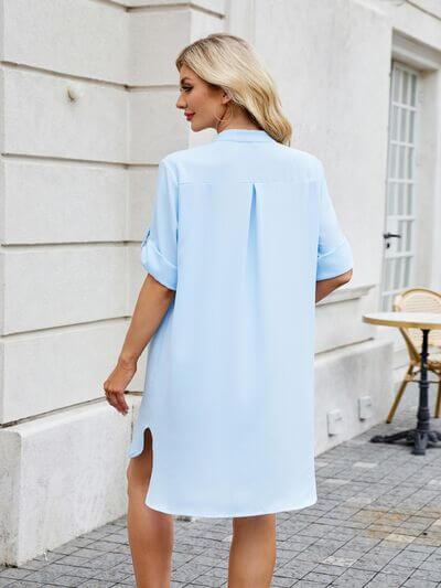 Notched Long Sleeve Mini Shirt Dress