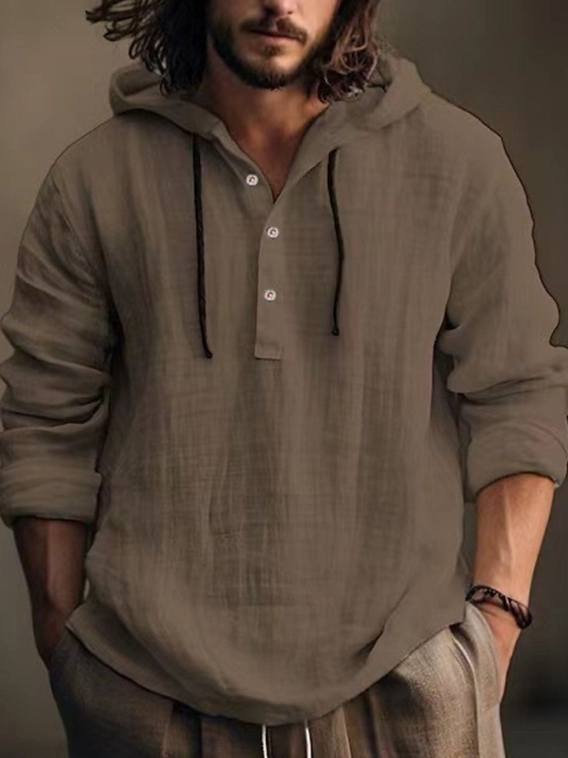 Men's Full Size Half Button Long Sleeve Hoodie - Clothes For Her Online Store