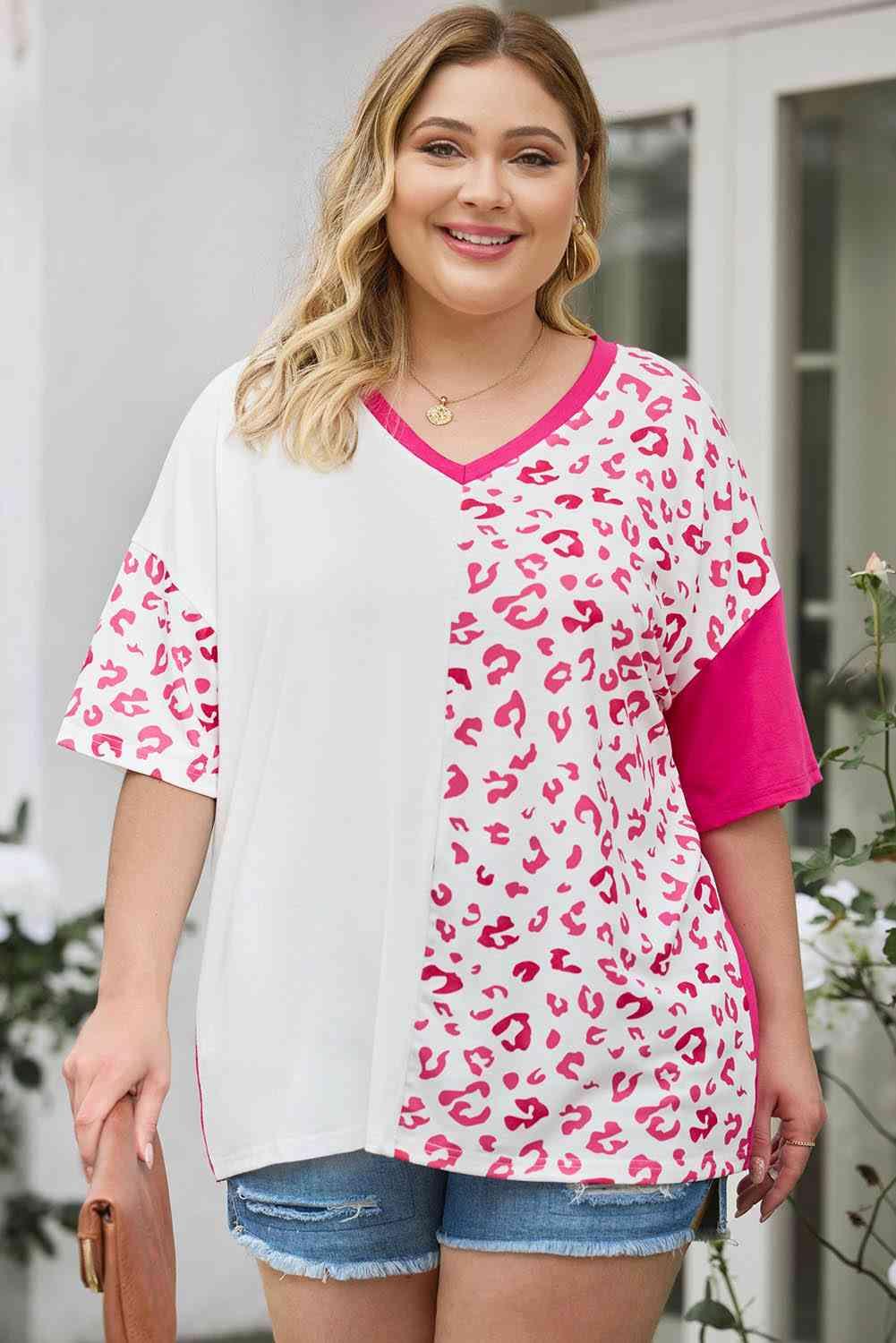 Plus Size Leopard V-Neck T-Shirt - Clothes For Her Online Store