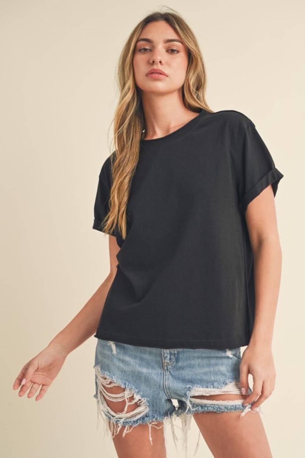 Aemi + Co Exposed Seam Round Neck Short Sleeve T-Shirt