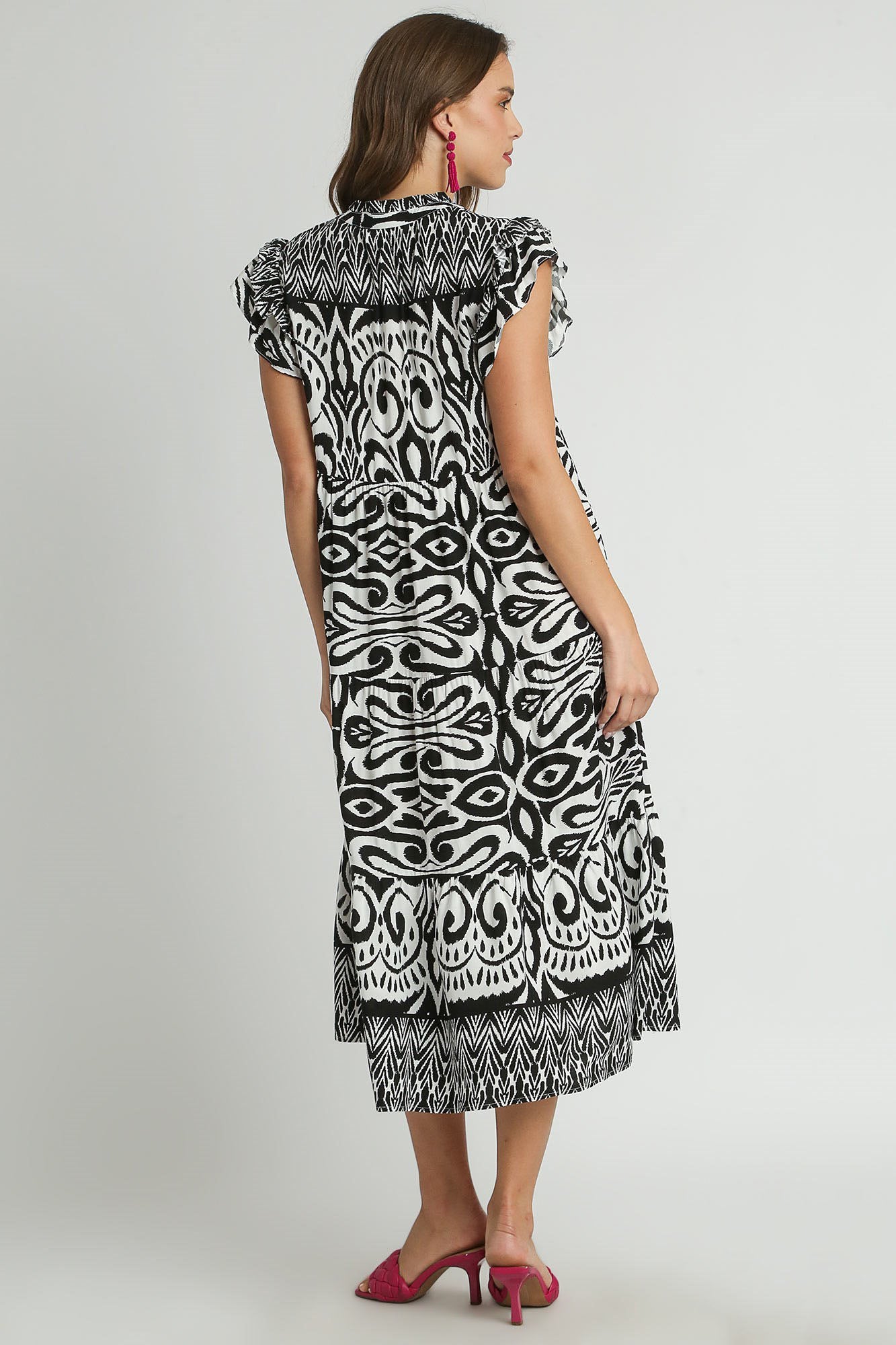 Umgee Full Size Two Tone Border Print Ruffle Cap Sleeve Midi Dress Plus Size - Clothes For Her Online Store