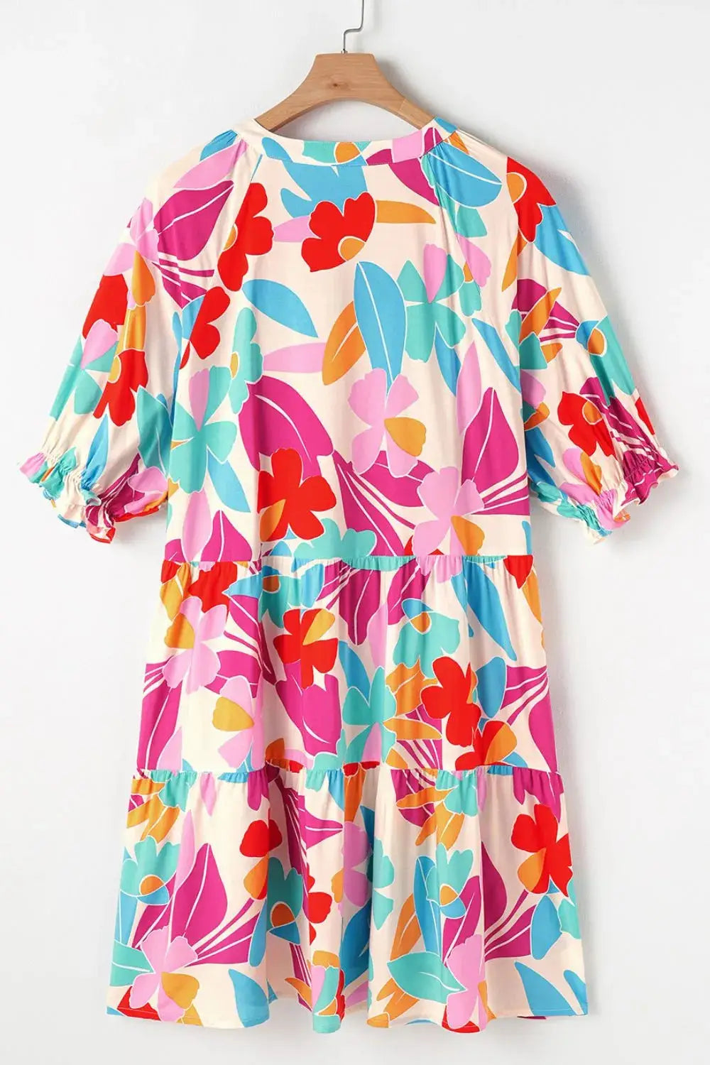 Floral Bubble Sleeve V Neck Tiered Ruffle Babydoll Dress - Clothes For Her Online Store