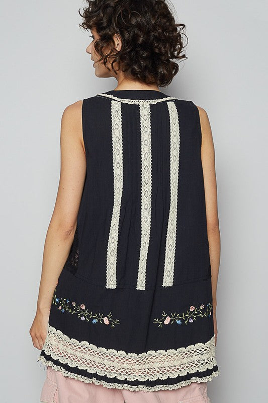 POL Embroidered Lace Detail V-Neck Sleeveless Top