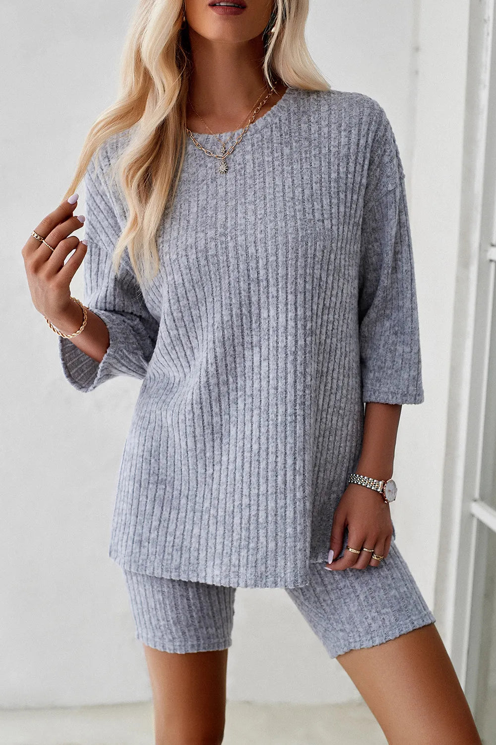 Devine Ribbed Round Neck Top and Shorts Set - Clothes For Her Online Store