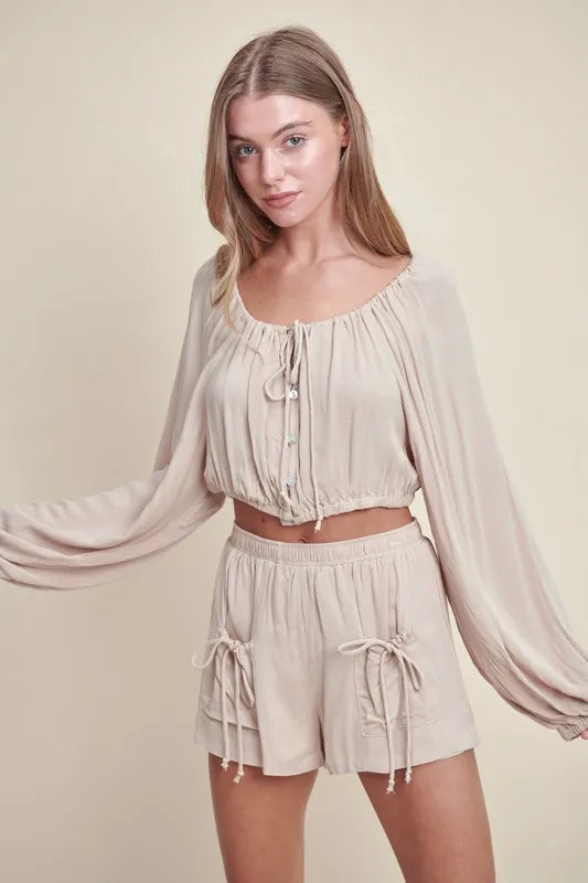 MABLE Gauze Long Sleeve Button Crop Top and Short Set - Clothes For Her Online Store