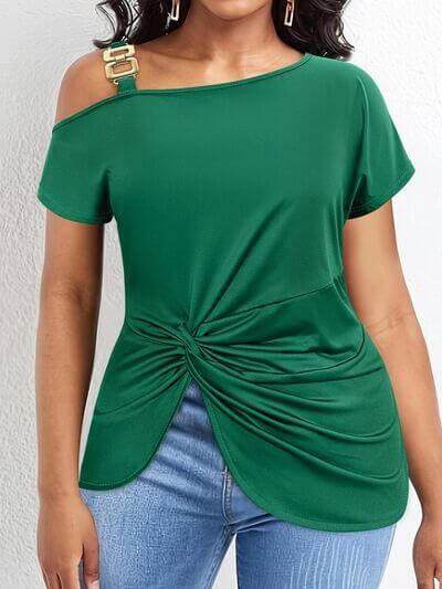 Plus Size Twisted Asymmetrical Neck Short Sleeve T-Shirt - Clothes For Her Online Store