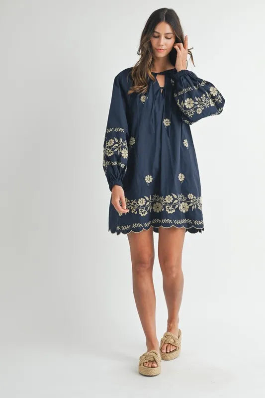 MABLE Embroidered Long Sleeve Peasant Mini Dress