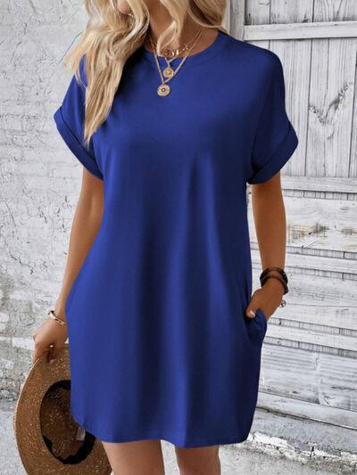 Round Neck Short Sleeve Mini Tee Dress with Pockets - Clothes For Her Online Store