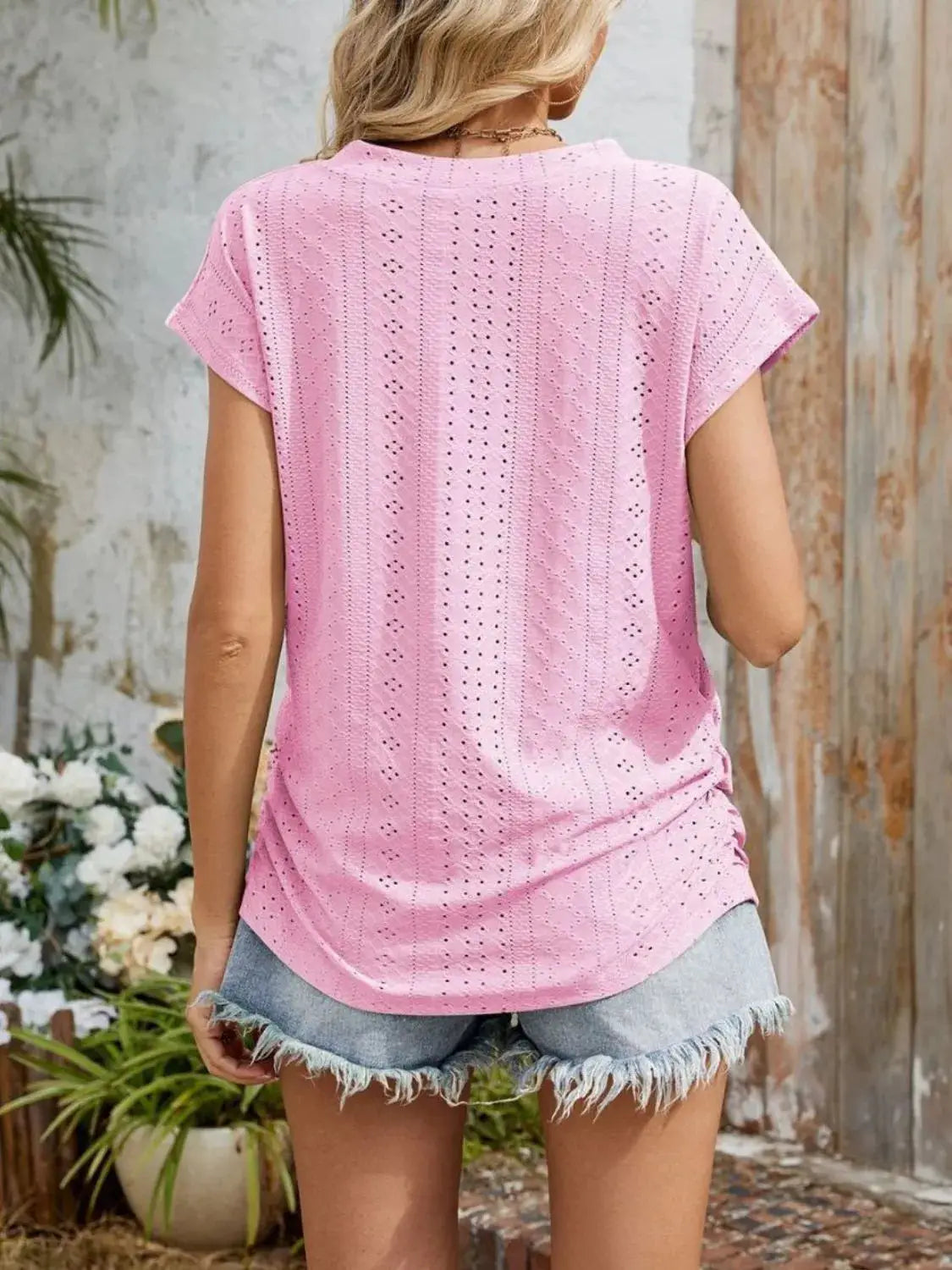 Eyelet V-Neck Short Sleeve Top - Clothes For Her Online Store
