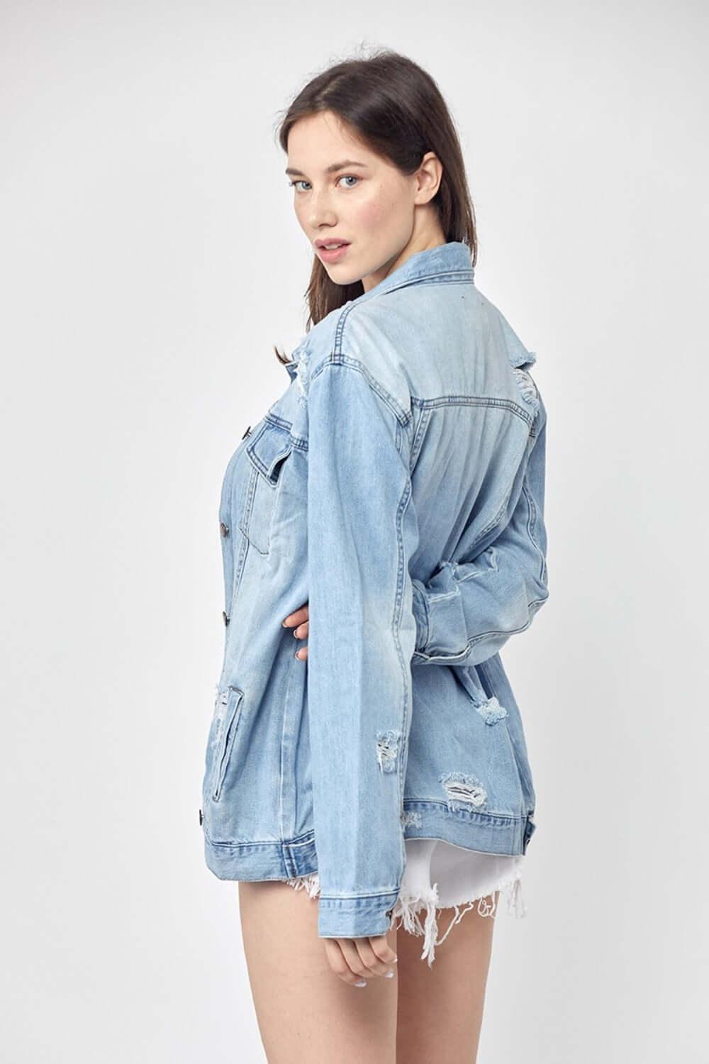 RISEN Full Size Distressed Long Sleeve Denim Jacket Plus Size