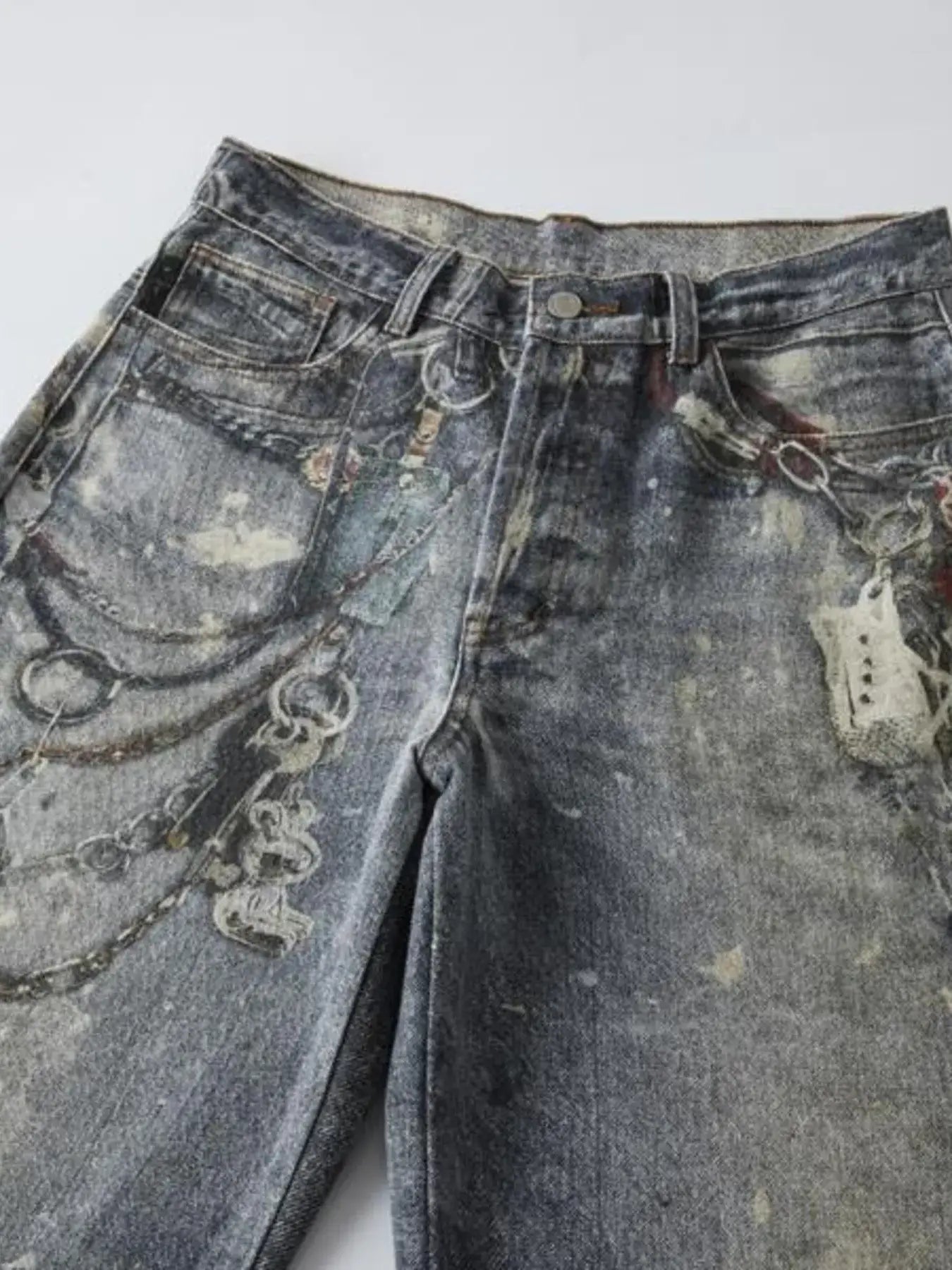 Men's Distressed Printed Wide Leg Jeans