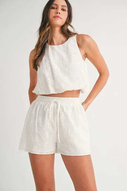 MABLE Eyelet Bubble Hem Sleeveless Top and Shorts Set - Clothes For Her Online Store