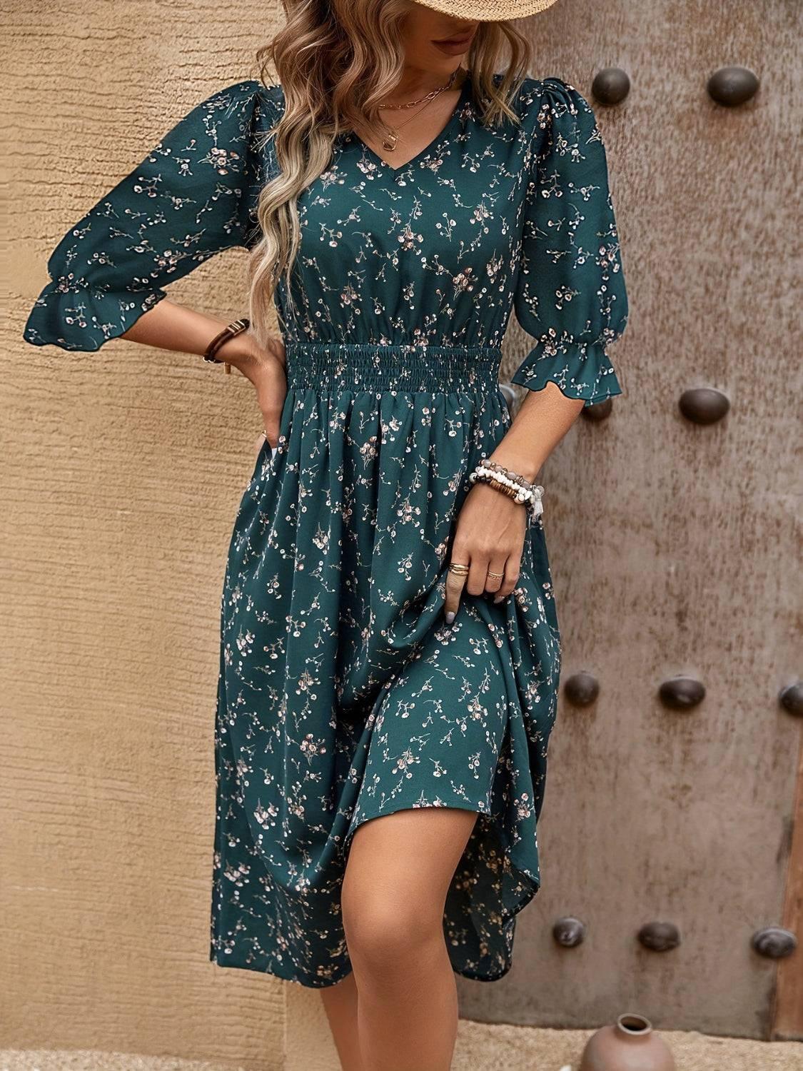 Smocked Waist Floral Flounce Sleeve Midi Dress