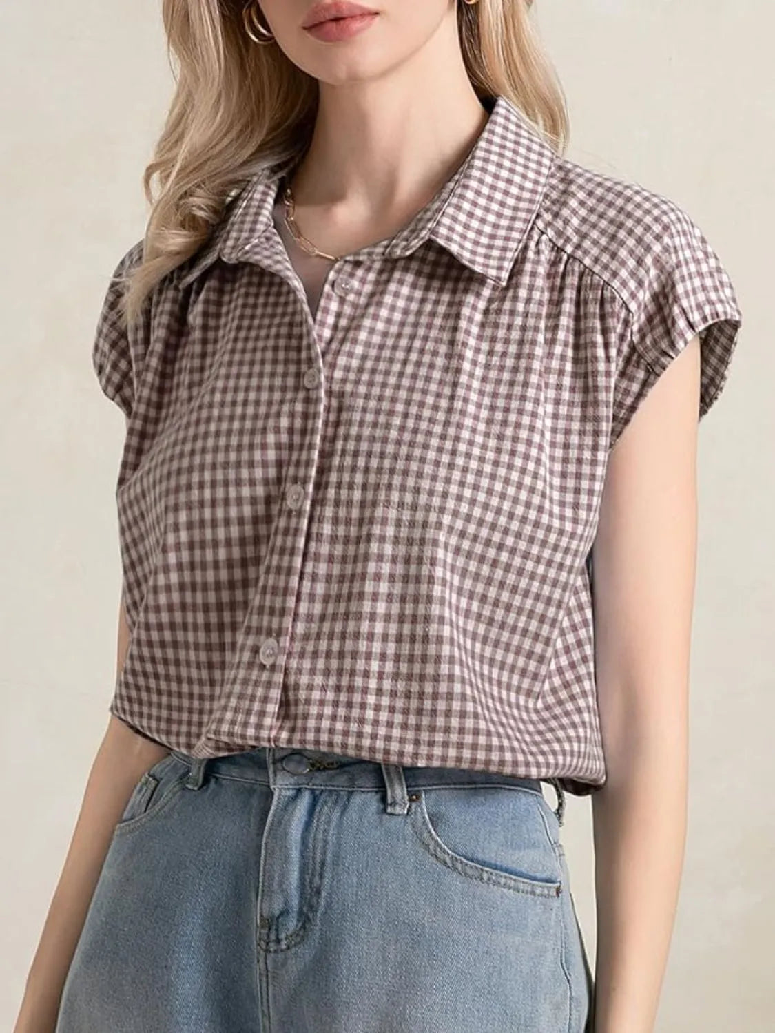 Plaid Button Up Cap Sleeve Shirt
