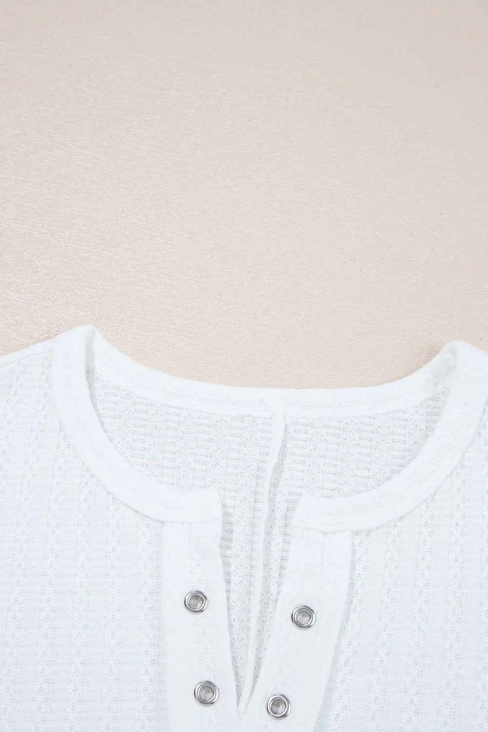 Textured Hollow Grommet Placket Split Neck Short Sleeve Top