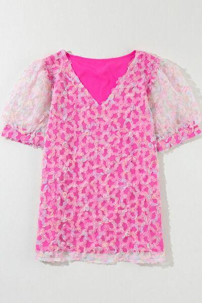 Bonbon Flowery Mesh Short Puff Sleeve Blouse