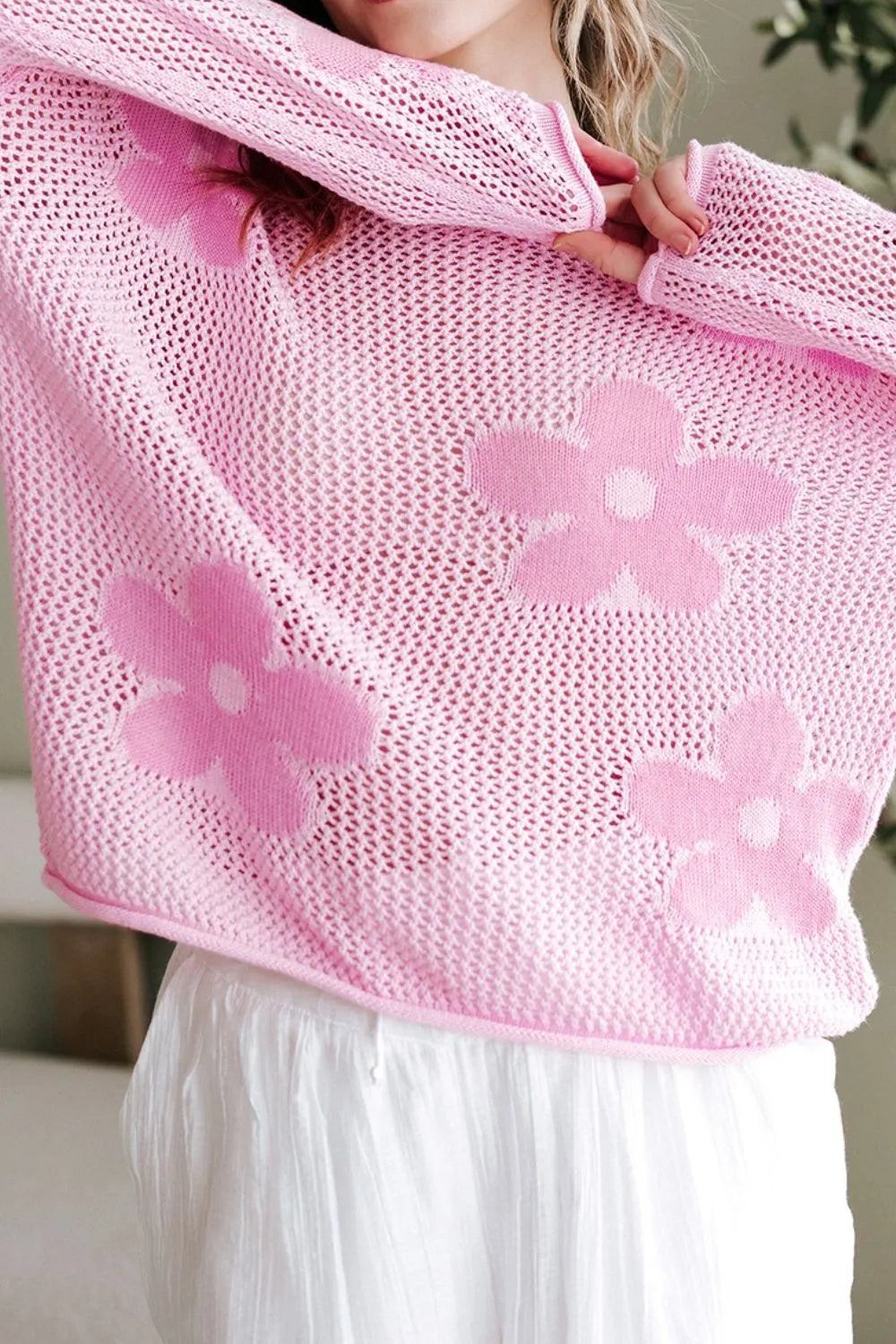 Openwork Round Neck Floral Knit Cover Up