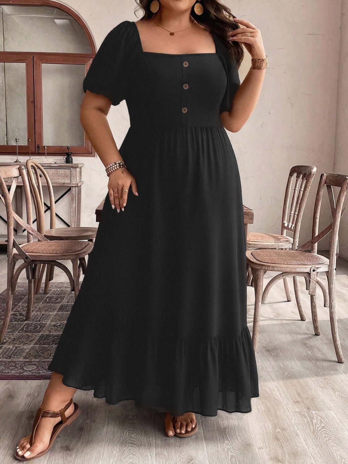 Plus Size Ruffled Hem Square Neck Short Sleeve Dress - Clothes For Her Online Store