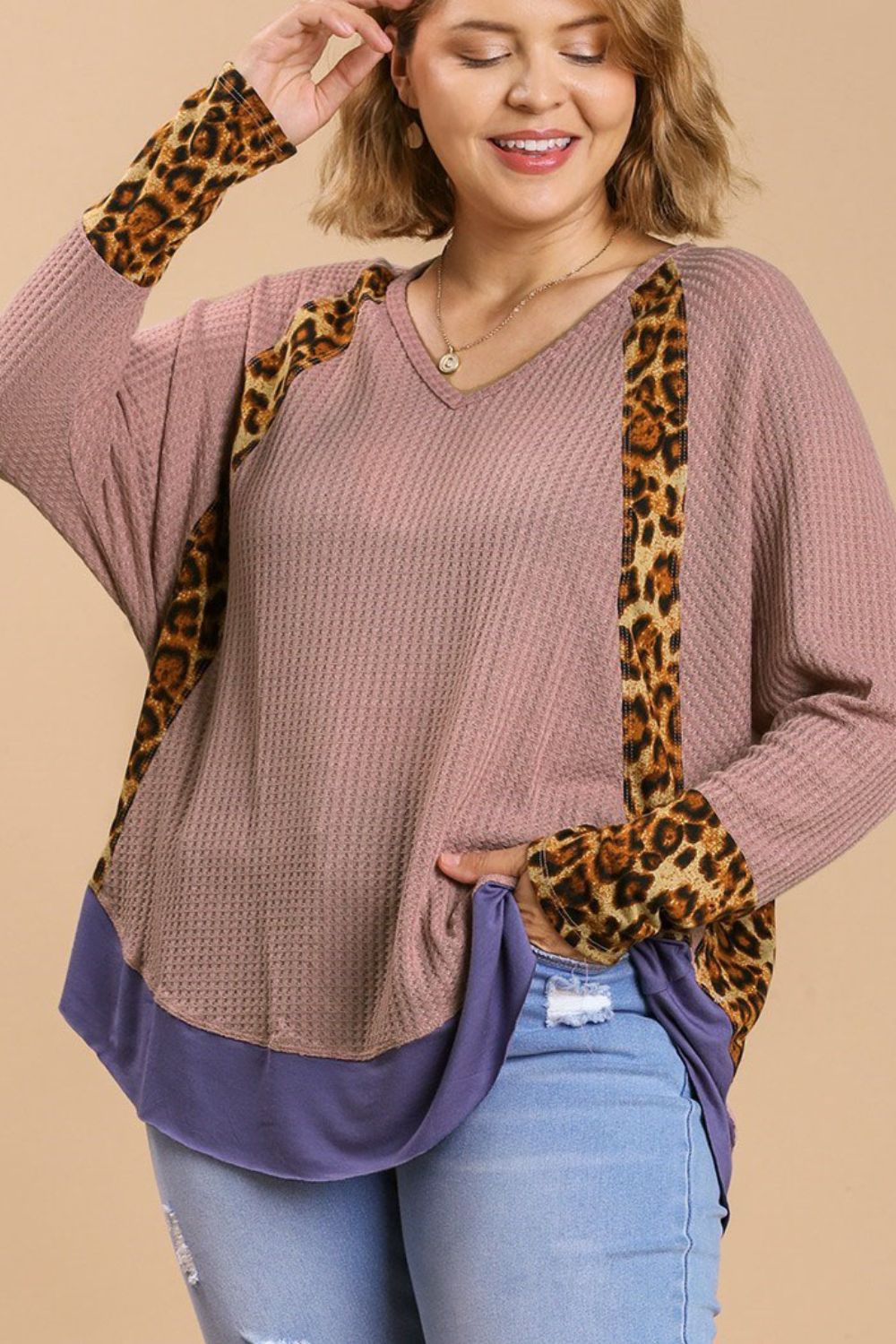 Umgee Full Size Leopard High-Low Dolman Sleeve Waffle Knit Top Plus Size - Clothes For Her Online Store