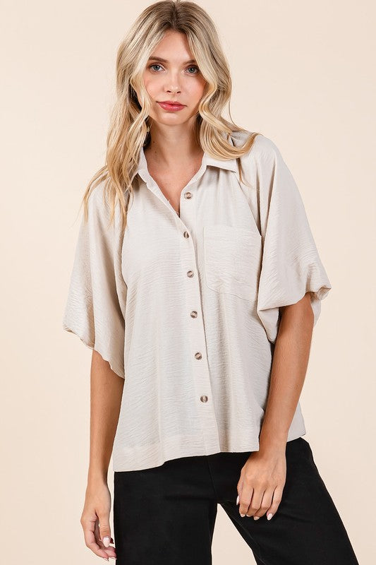 Mittoshop Airflow Short Bubble Sleeve Button Down Shirt - Clothes For Her Online Store