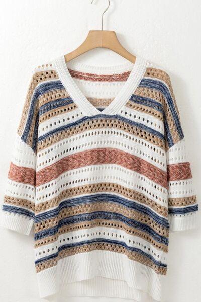 Striped Hollow Out Half Sleeve Knit Top