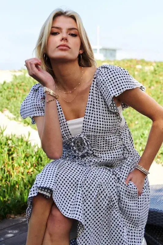 Davi & Dani Jacquard V-Neck Flutter Cap Sleeve Tiered Dress - Clothes For Her Online Store