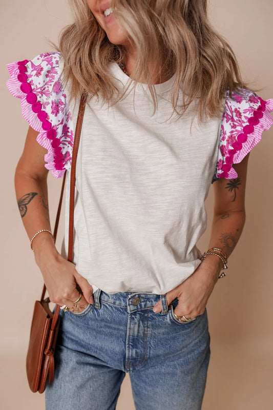 Ruffled Round Neck Cap Sleeve Blouse