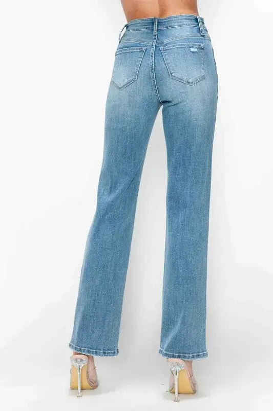 bytos Full Size Distressed High Rise Straight Jeans