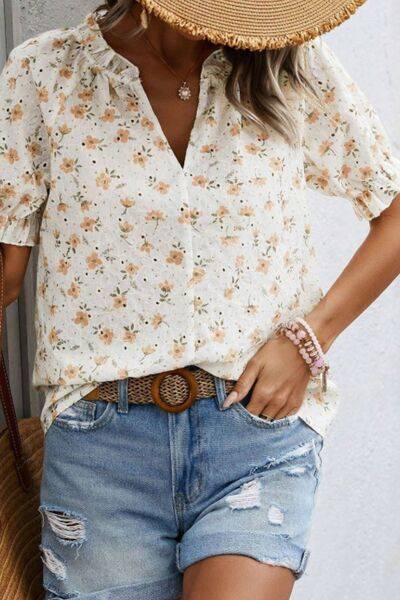 Frill Printed Notched Short Sleeve Blouse