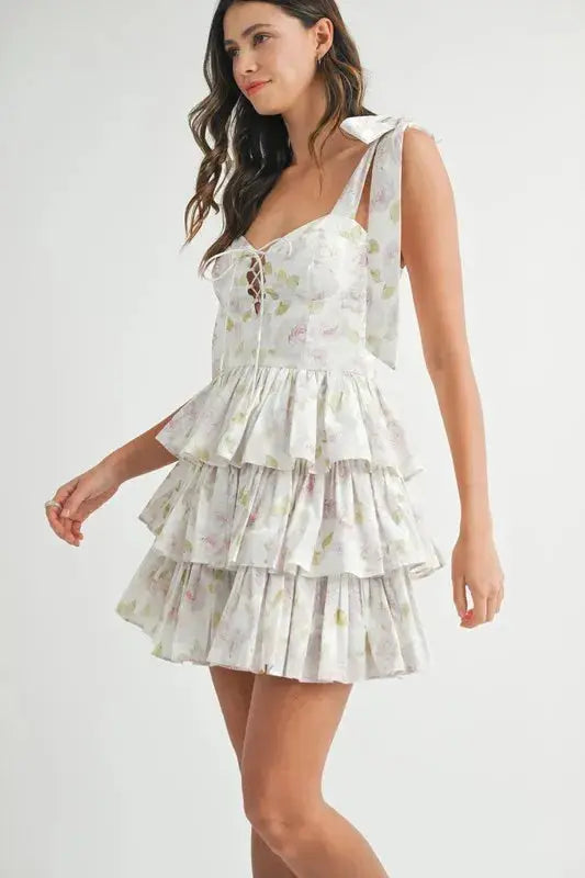 MABLE Floral Print Shoulder Tie Layered Mini Dress - Clothes For Her Online Store