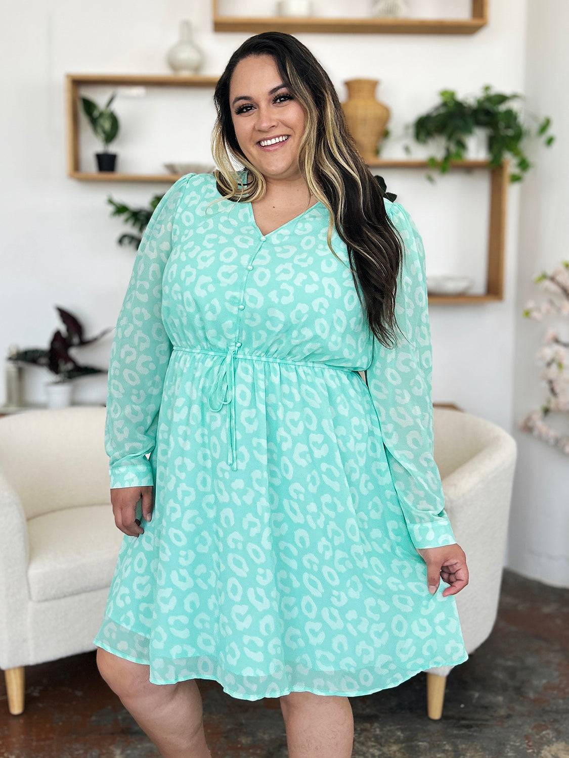 Double Take Full Size Printed Ruched V-Neck Long Sleeve Dress - Clothes For Her Online Store