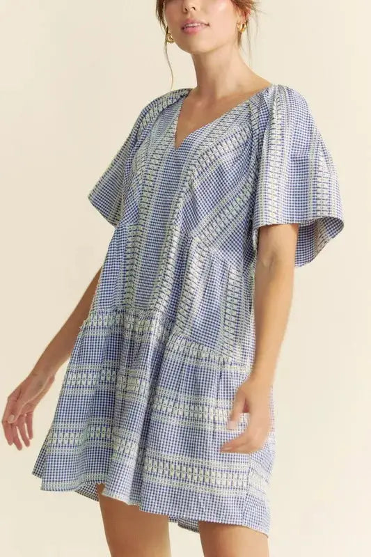 Davi & Dani Embroidered Stripe Ruffled Gingham Mini Dress - Clothes For Her Online Store